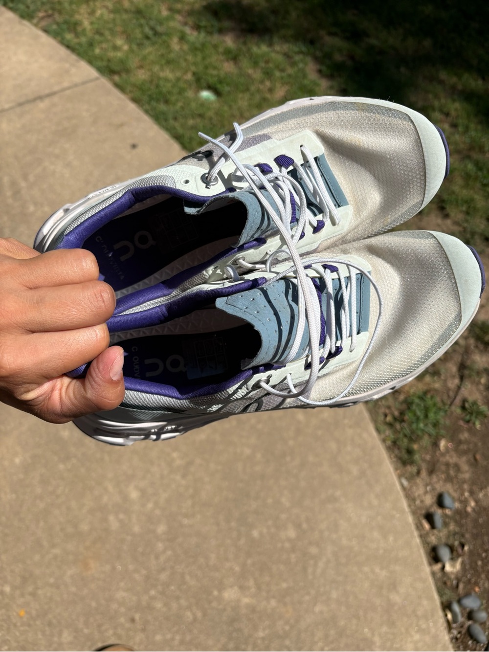 On Running Women's Running Shoes in White and Light Blue with Purple Accents - Picture 3 of 5